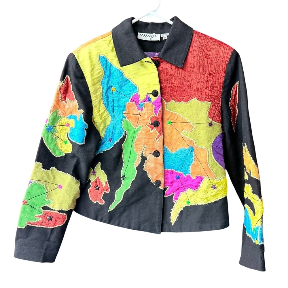 Vintage Anage Patchwork Jacket Women M Multi Color Star Embroidered Wearable Art